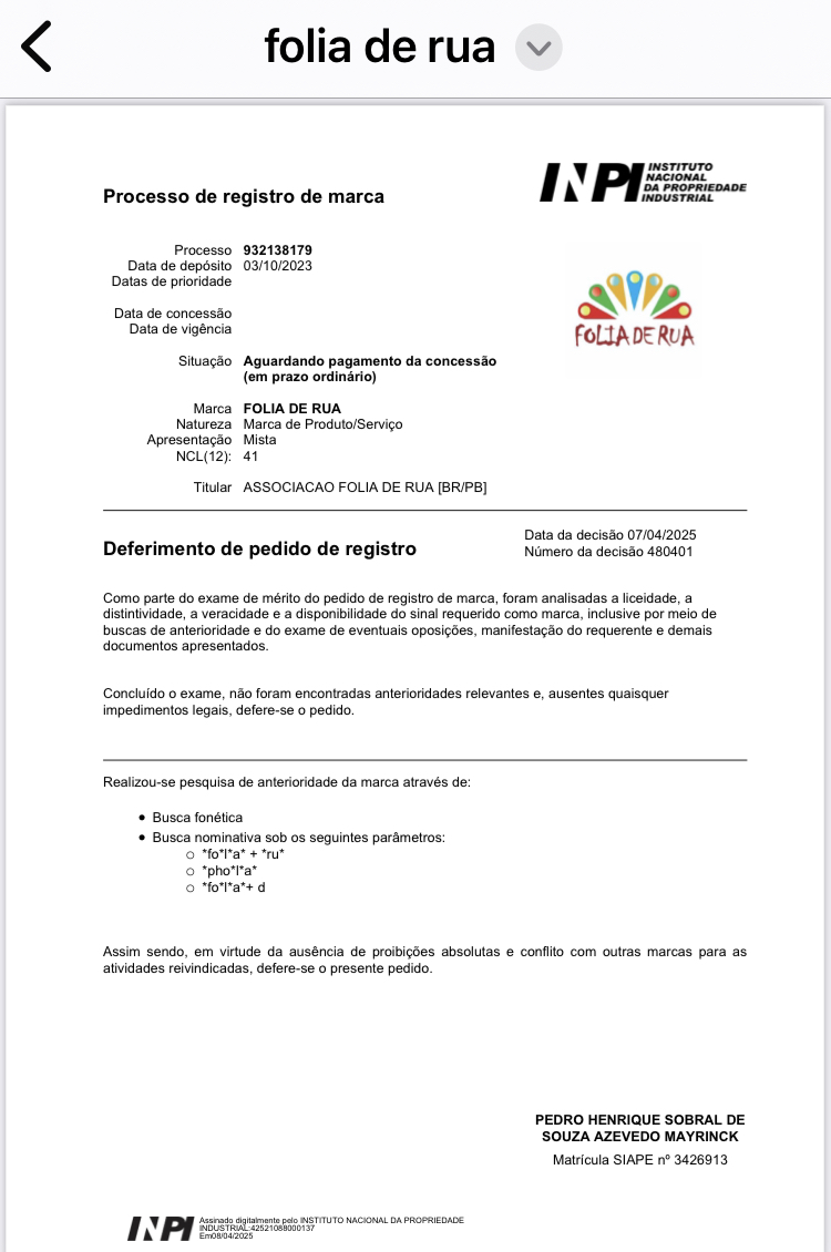 INPI consolida legalmente à Associação marca do Folia de Rua como propriedade definitiva e privada