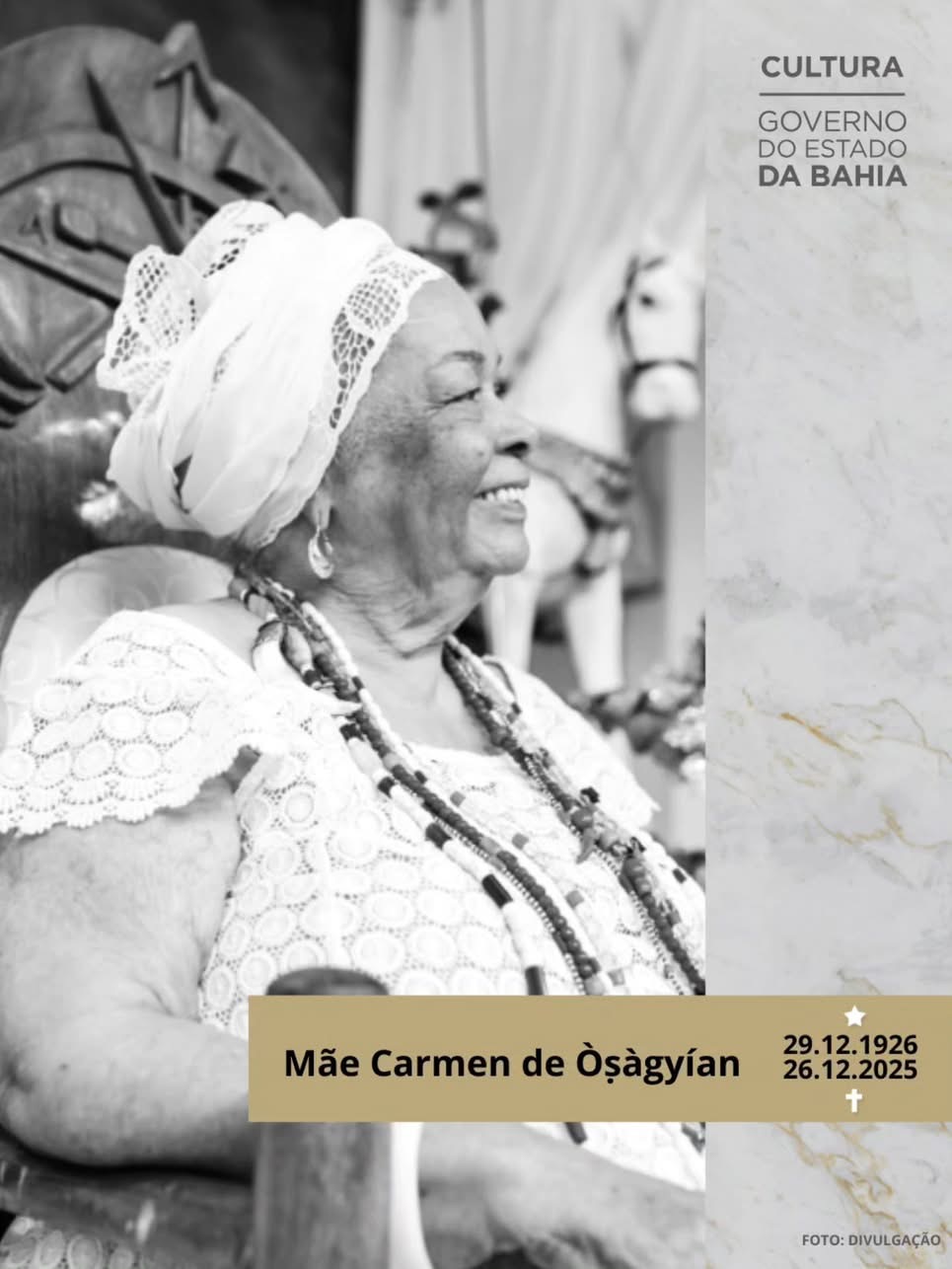 SecultBA expressa em Nota solidariedade com morte da Ialorixá , Mãe Carmen